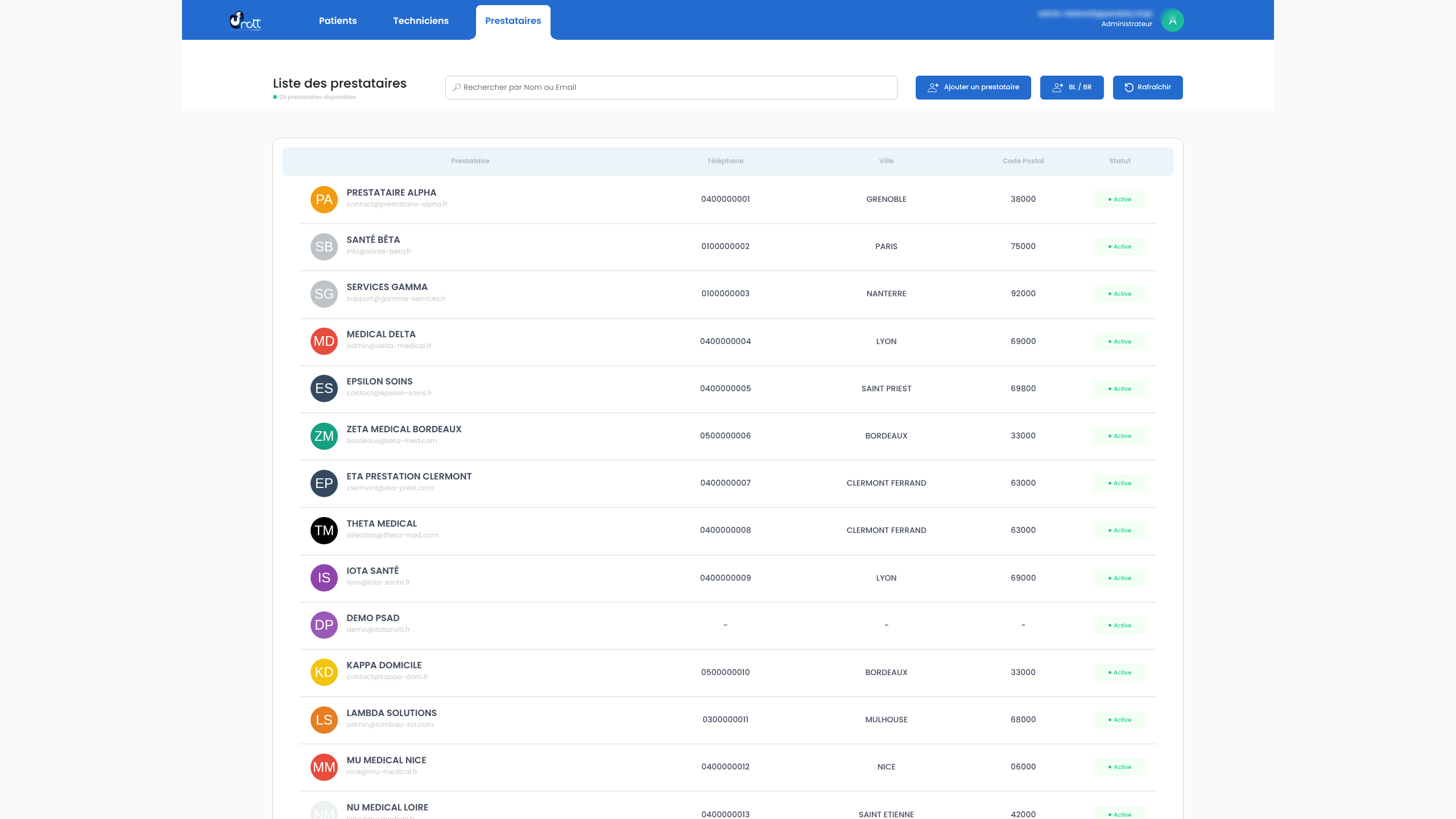 Liste des prestataires